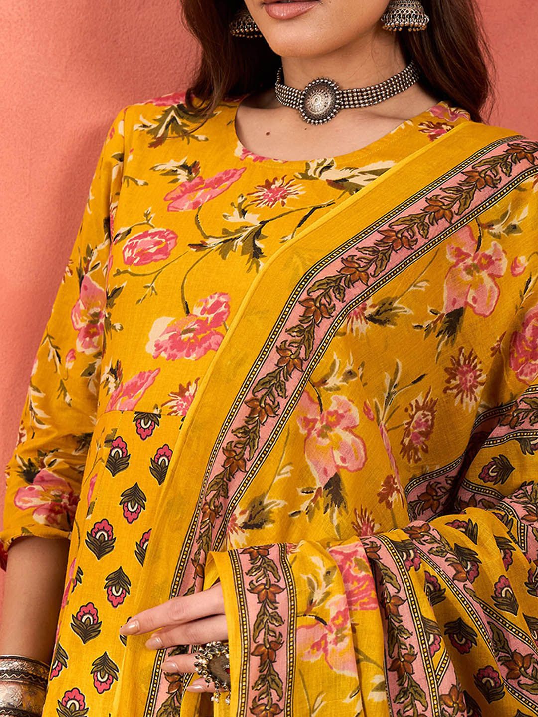 Floral Printed Pure Cotton A-Line Kurta With Palazzos And Dupatta