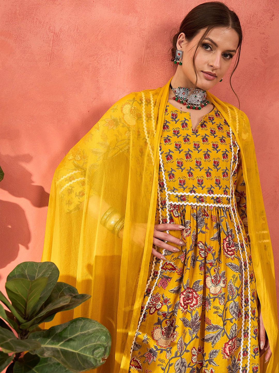 Floral Printed Pure Cotton A-Line Kurta With Palazzos And Dupatta
