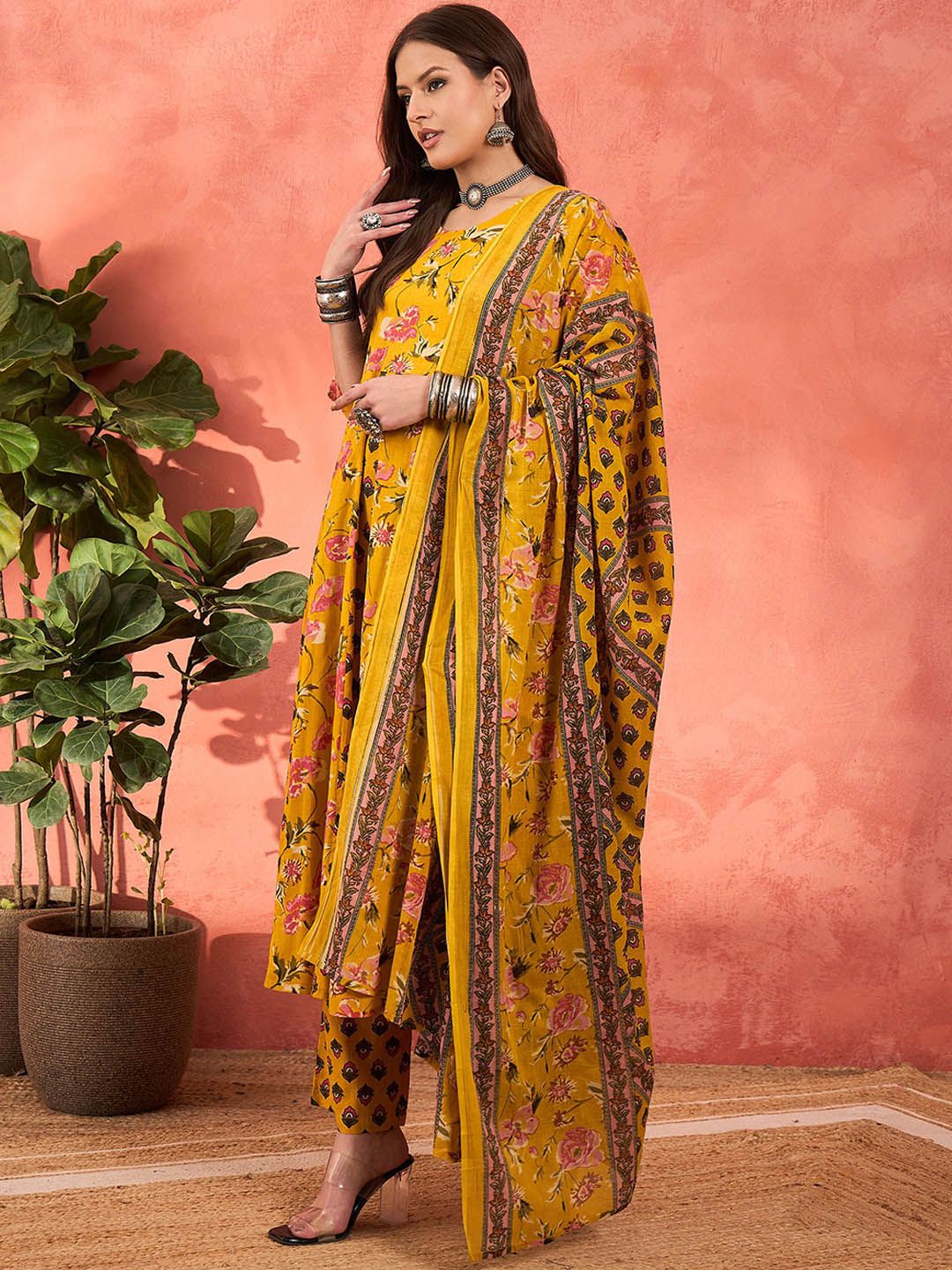 Floral Printed Pure Cotton A-Line Kurta With Palazzos And Dupatta