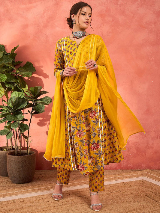 Floral Printed Pure Cotton A-Line Kurta With Palazzos And Dupatta