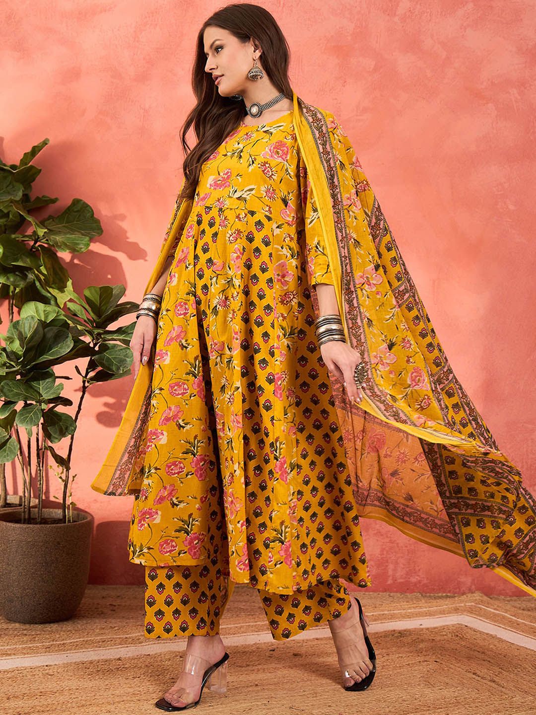 Floral Printed Pure Cotton A-Line Kurta With Palazzos And Dupatta