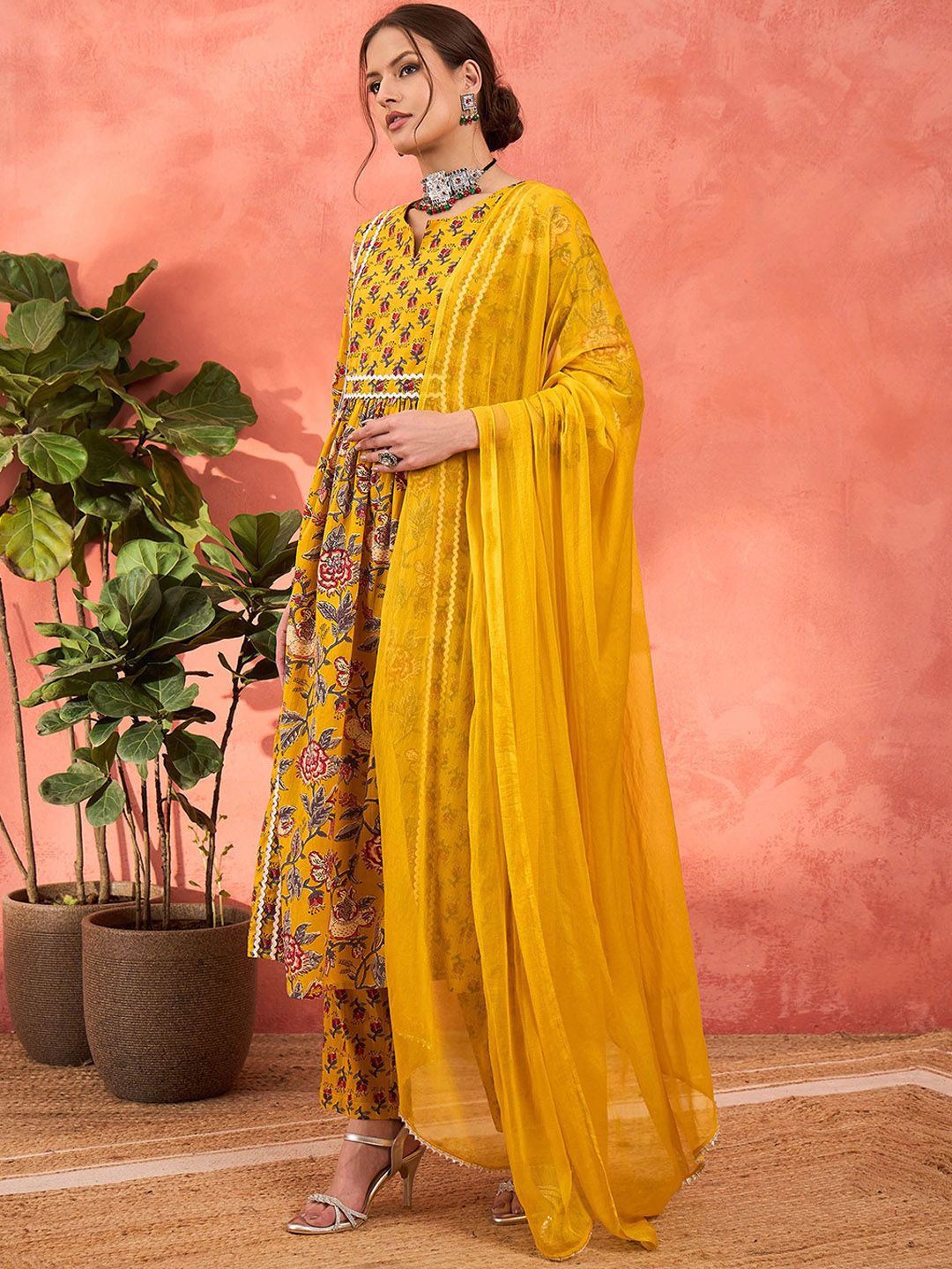 Floral Printed Pure Cotton A-Line Kurta With Palazzos And Dupatta
