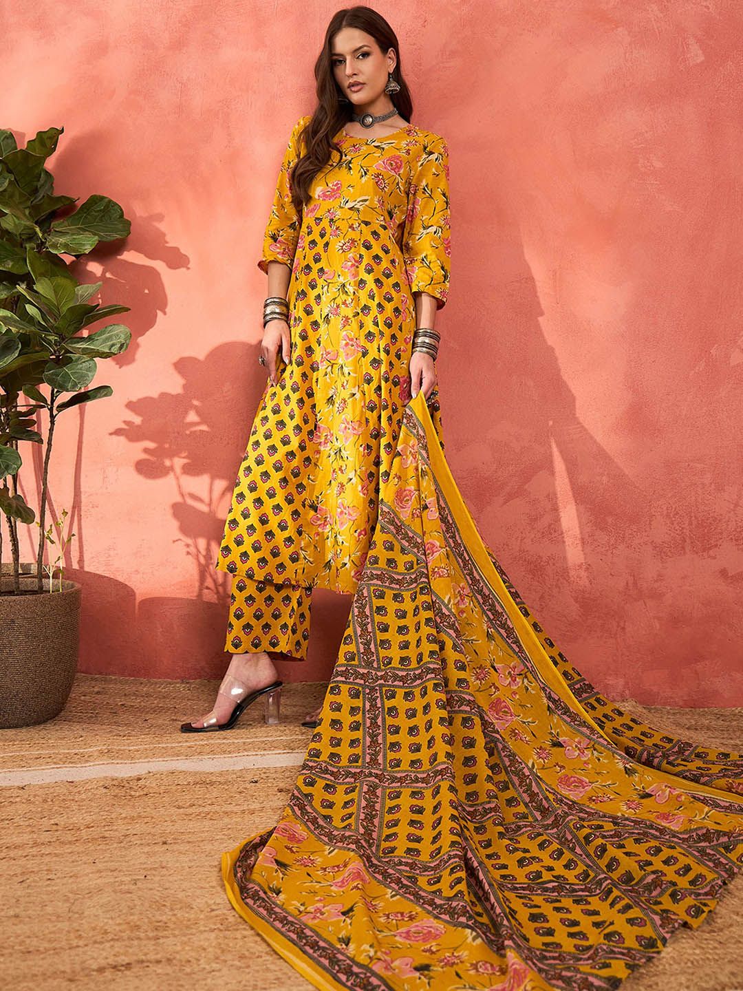 Floral Printed Pure Cotton A-Line Kurta With Palazzos And Dupatta