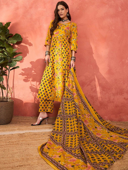 Floral Printed Pure Cotton A-Line Kurta With Palazzos And Dupatta