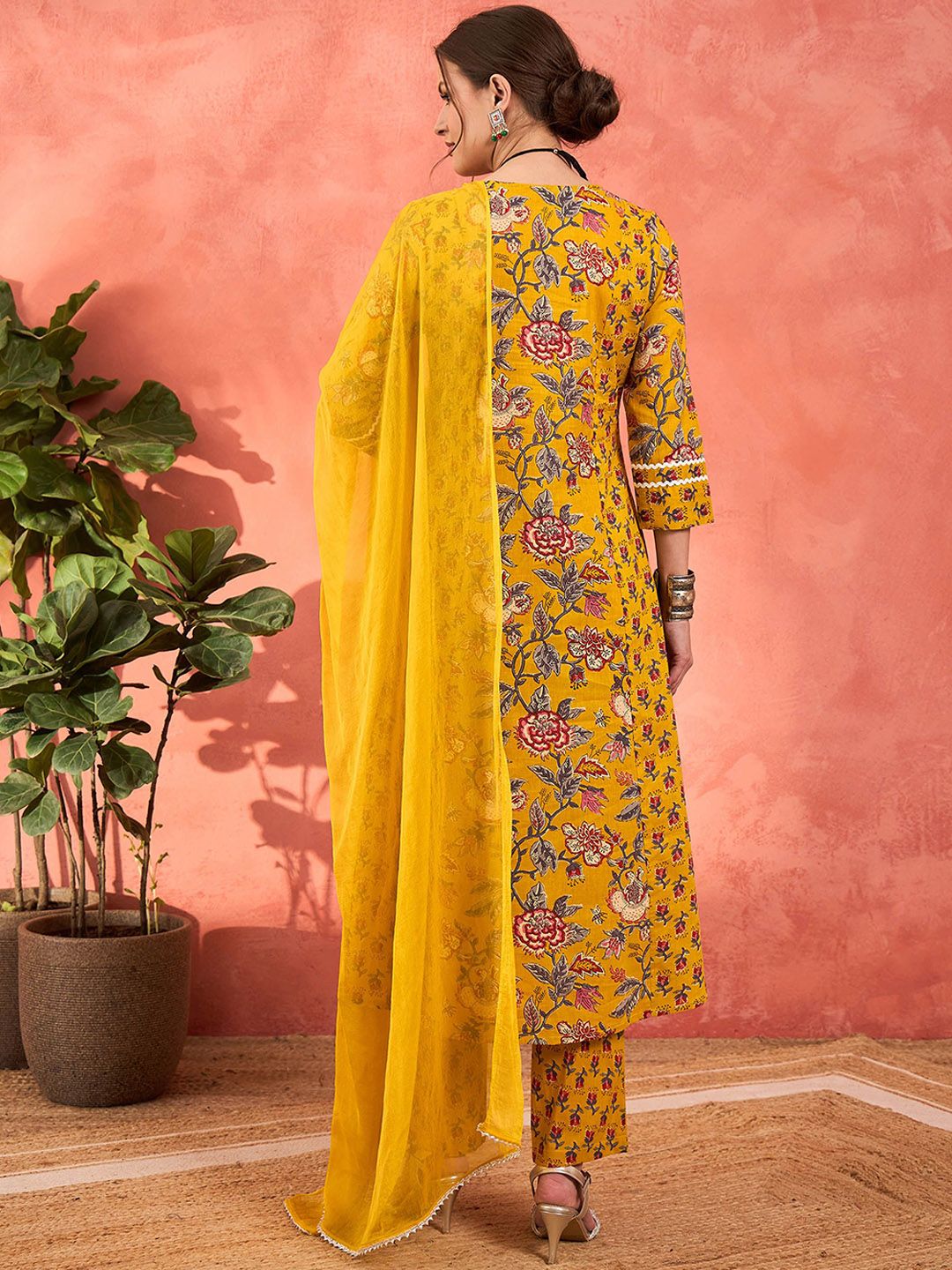 Floral Printed Pure Cotton A-Line Kurta With Palazzos And Dupatta