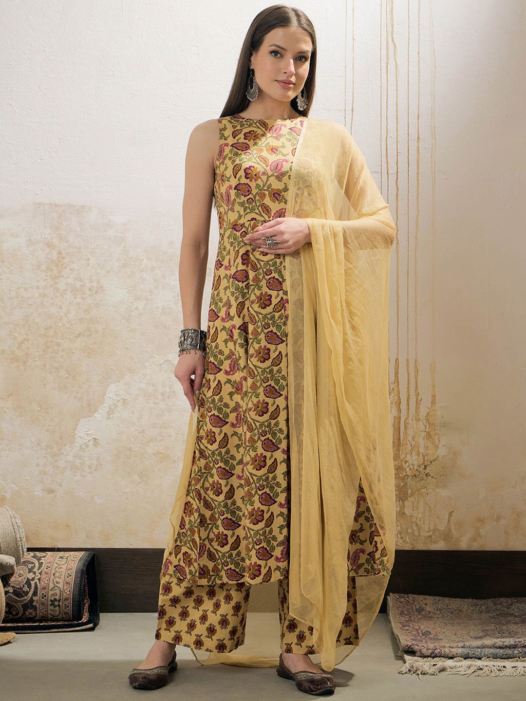 Floral Printed Pure Cotton A-Line Kurta With Palazzos & Dupatta
