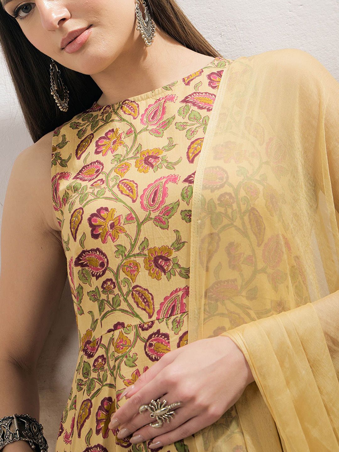 Floral Printed Pure Cotton A-Line Kurta With Palazzos & Dupatta