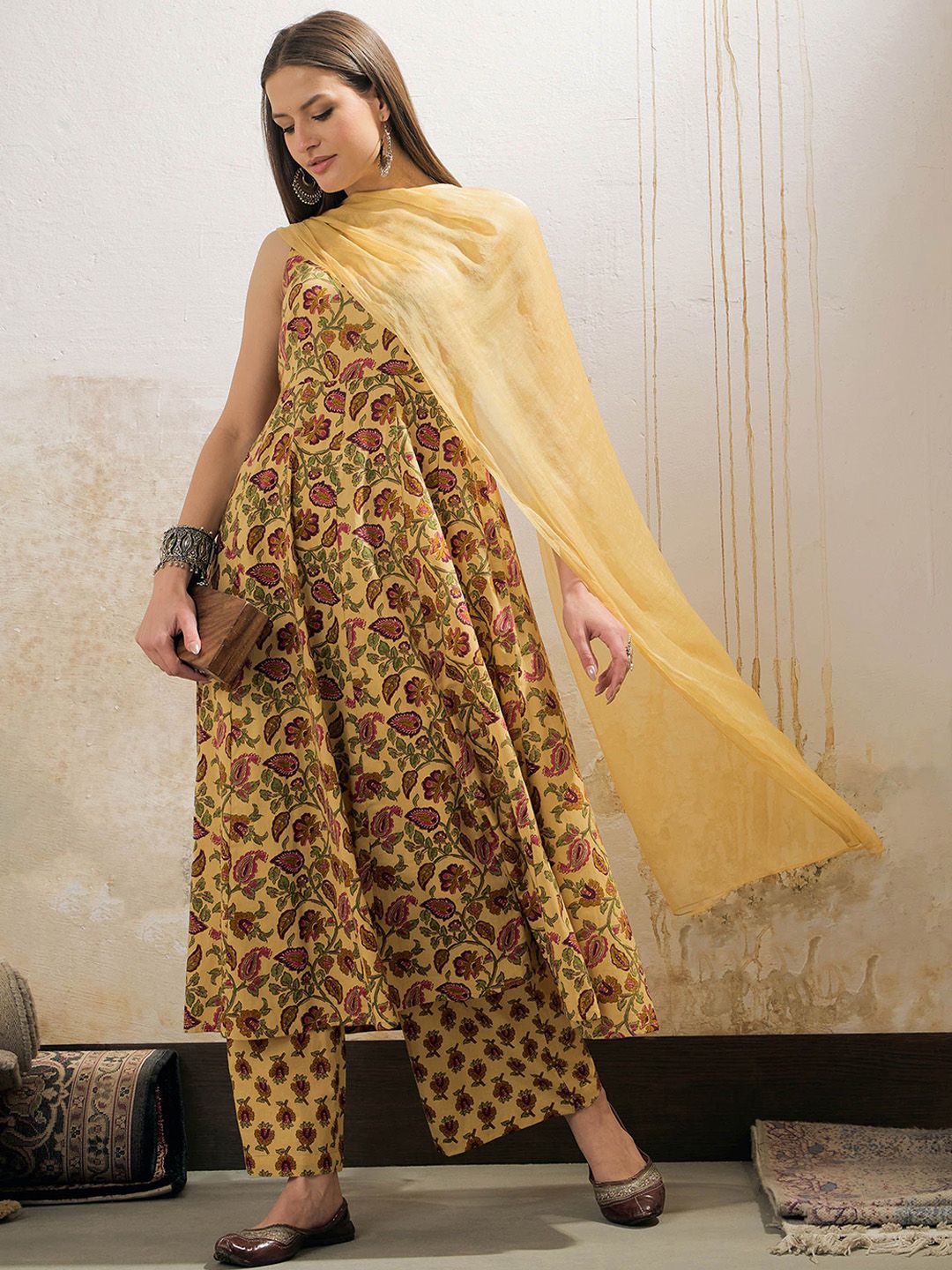 Floral Printed Pure Cotton A-Line Kurta With Palazzos & Dupatta