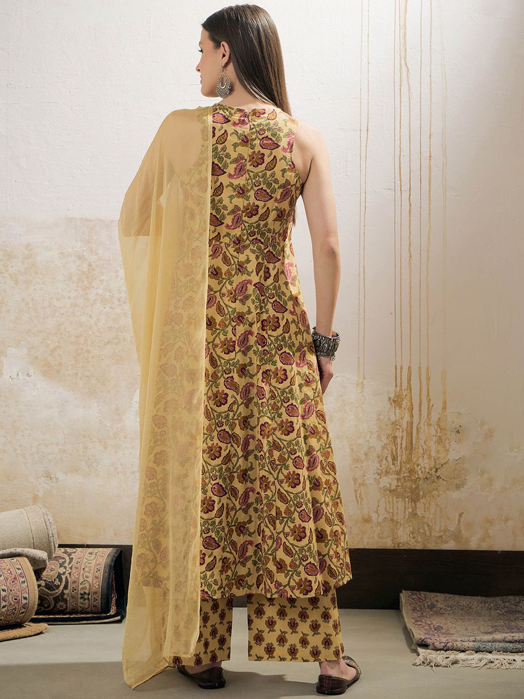 Floral Printed Pure Cotton A-Line Kurta With Palazzos & Dupatta