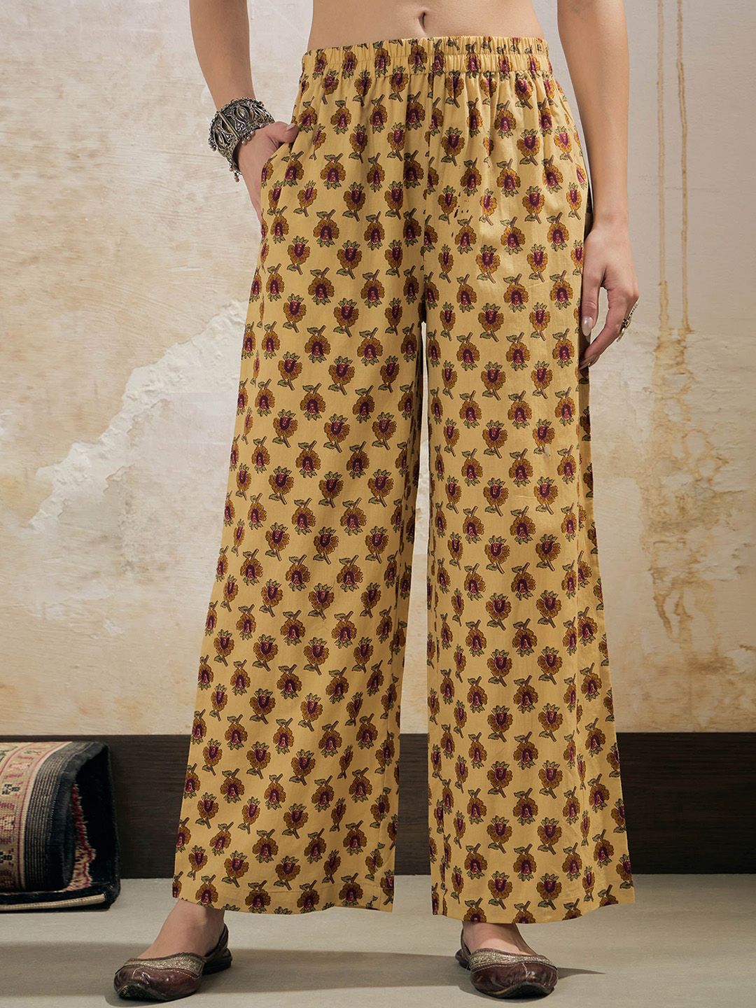 Floral Printed Pure Cotton A-Line Kurta With Palazzos & Dupatta