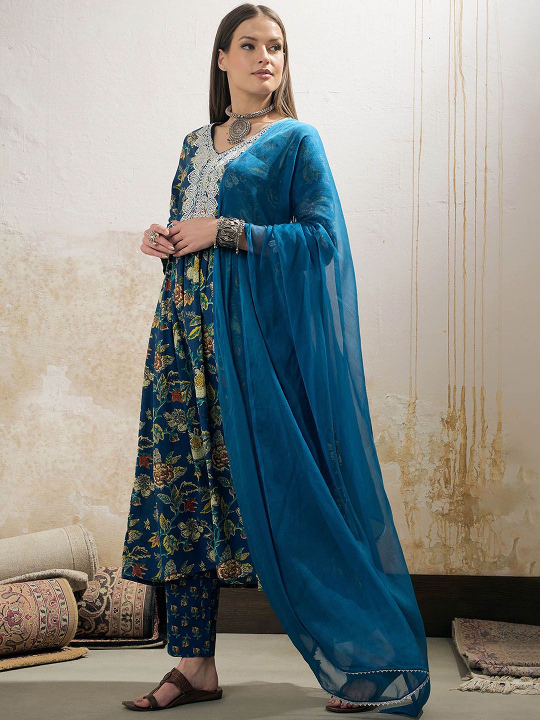 Floral Printed Pure Cotton Anarkali Kurta With Trousers And Dupatta
