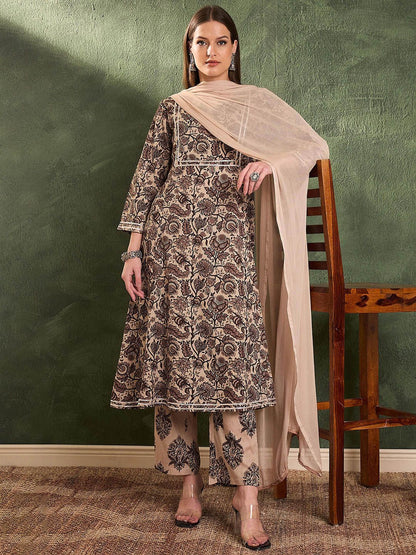 Floral printed pure cotton kurta with trousers and dupatta for women, view 6