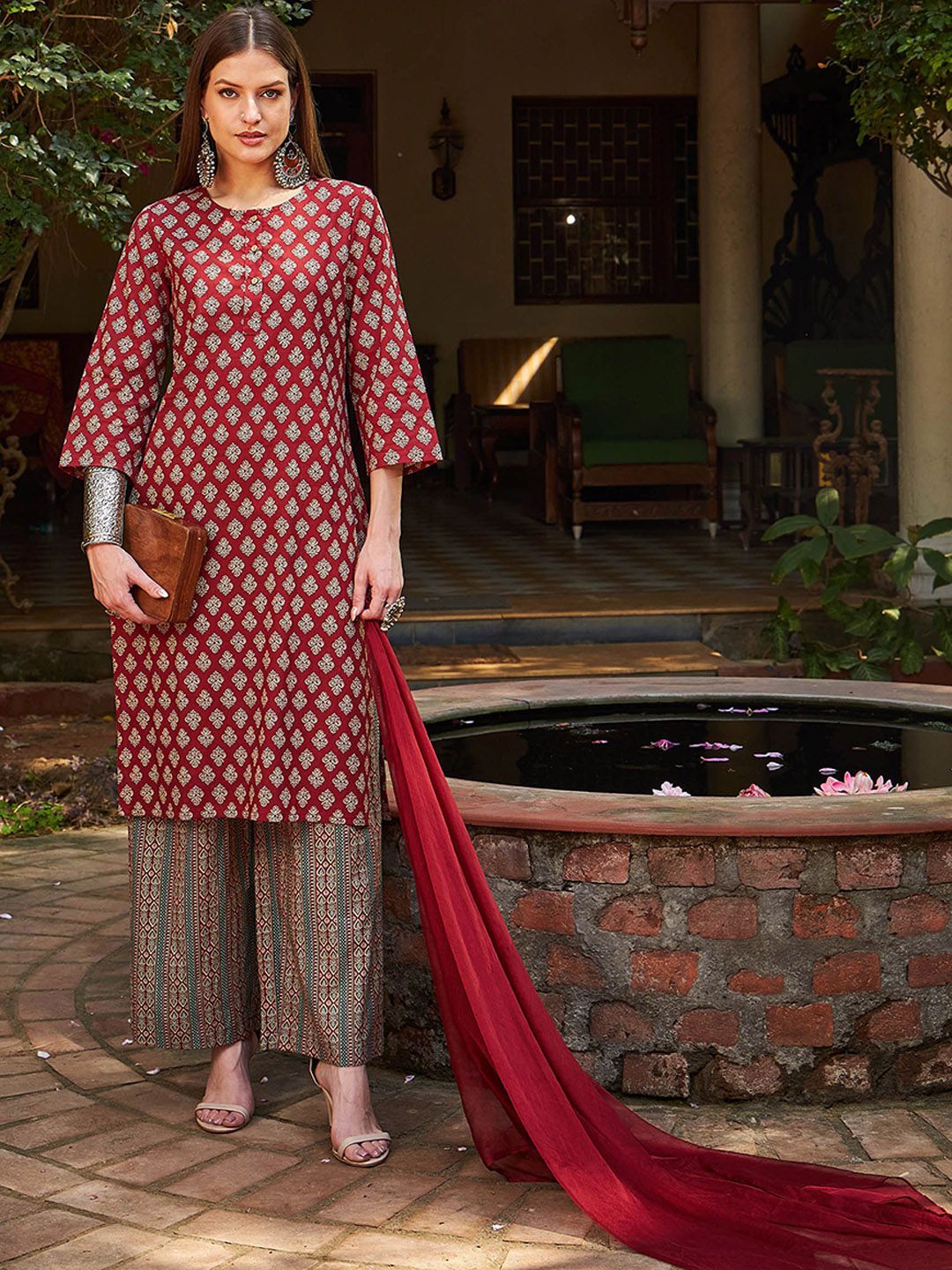 Floral Printed Pure Cotton Straight Kurta With Palazzos & Dupatta - Maroon
