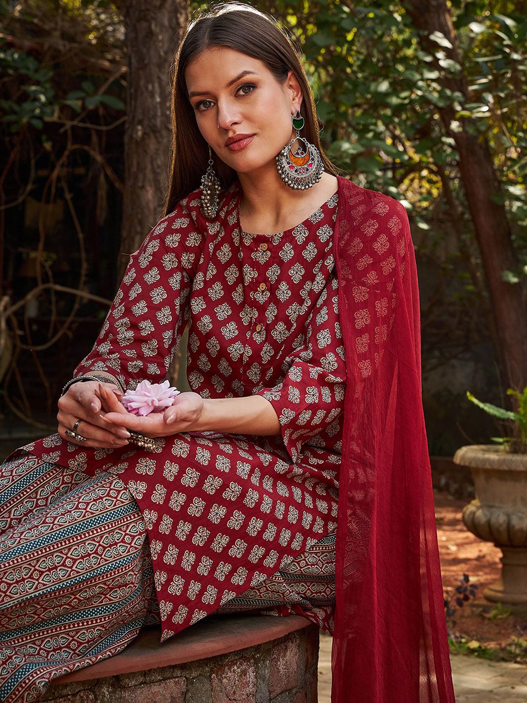 Floral Printed Pure Cotton Straight Kurta With Palazzos & Dupatta - Maroon