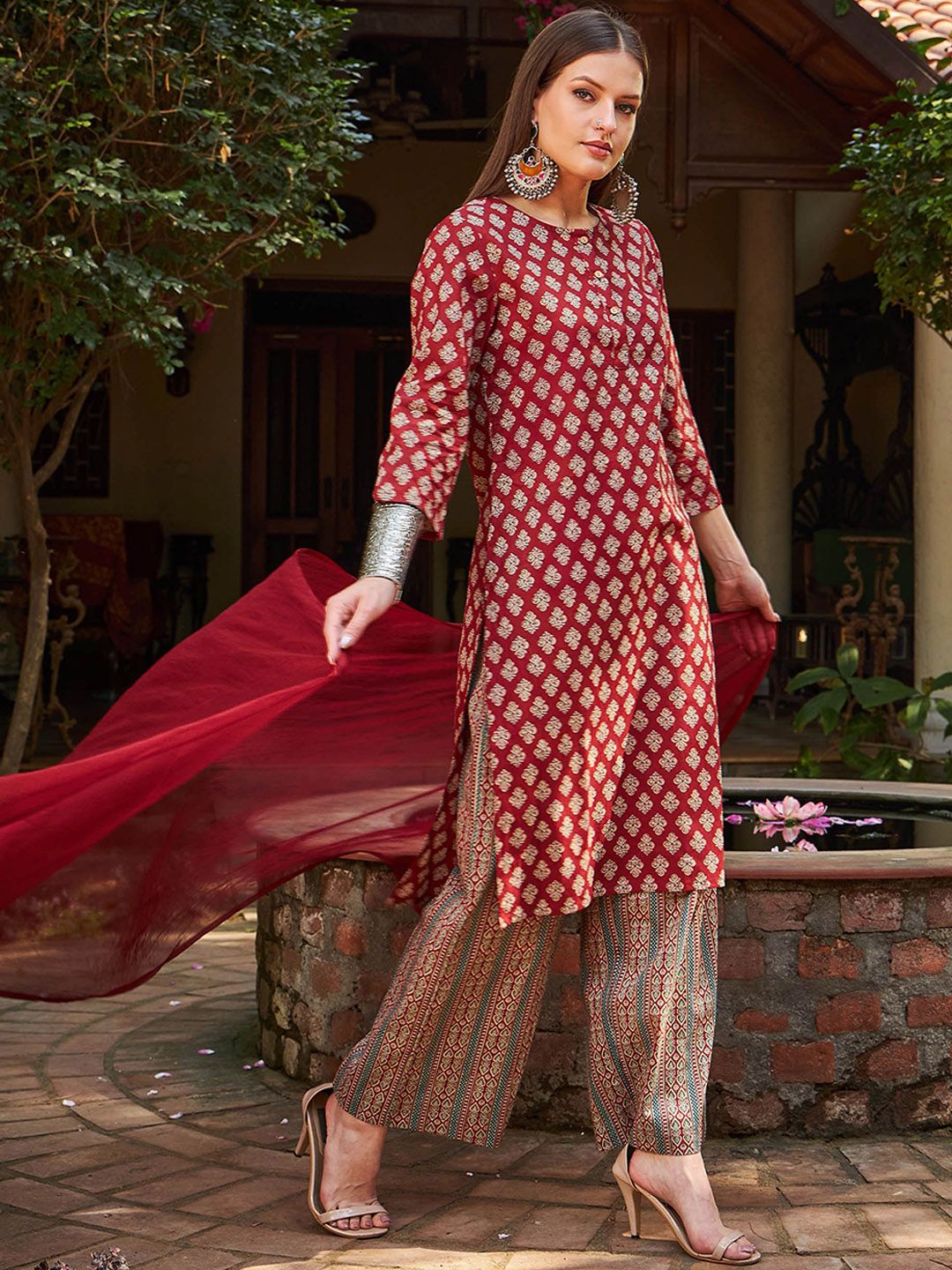 Floral Printed Pure Cotton Straight Kurta With Palazzos & Dupatta - Maroon