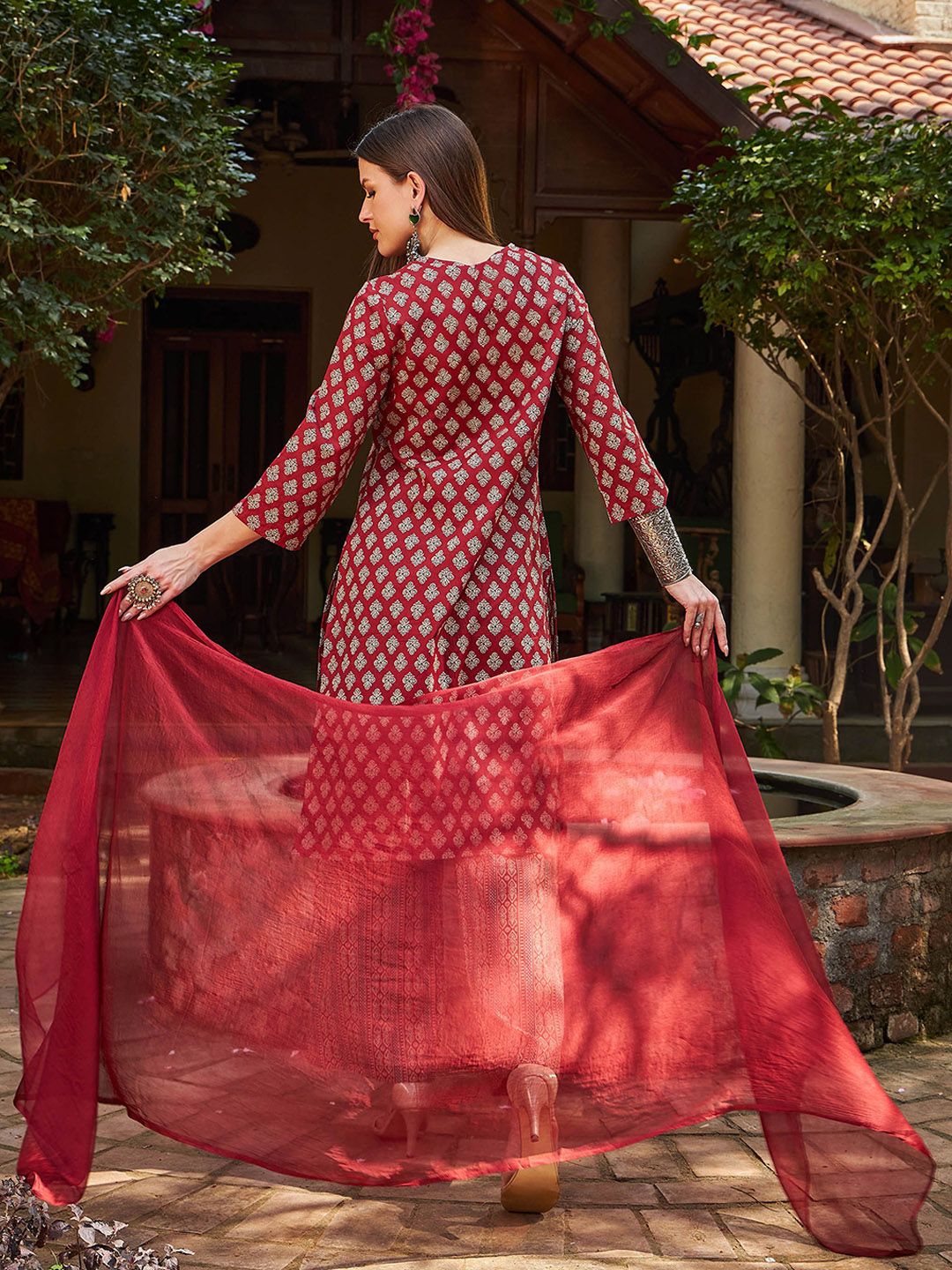 Floral Printed Pure Cotton Straight Kurta With Palazzos & Dupatta - Maroon