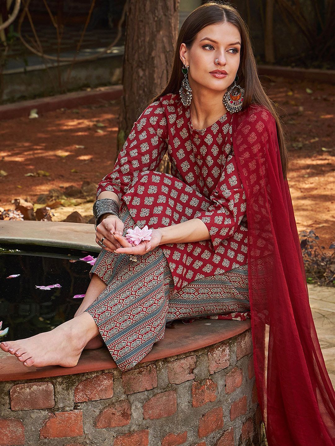 Floral Printed Pure Cotton Straight Kurta With Palazzos & Dupatta - Maroon