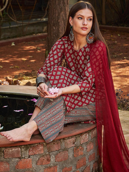 Floral Printed Pure Cotton Straight Kurta With Palazzos & Dupatta - Maroon