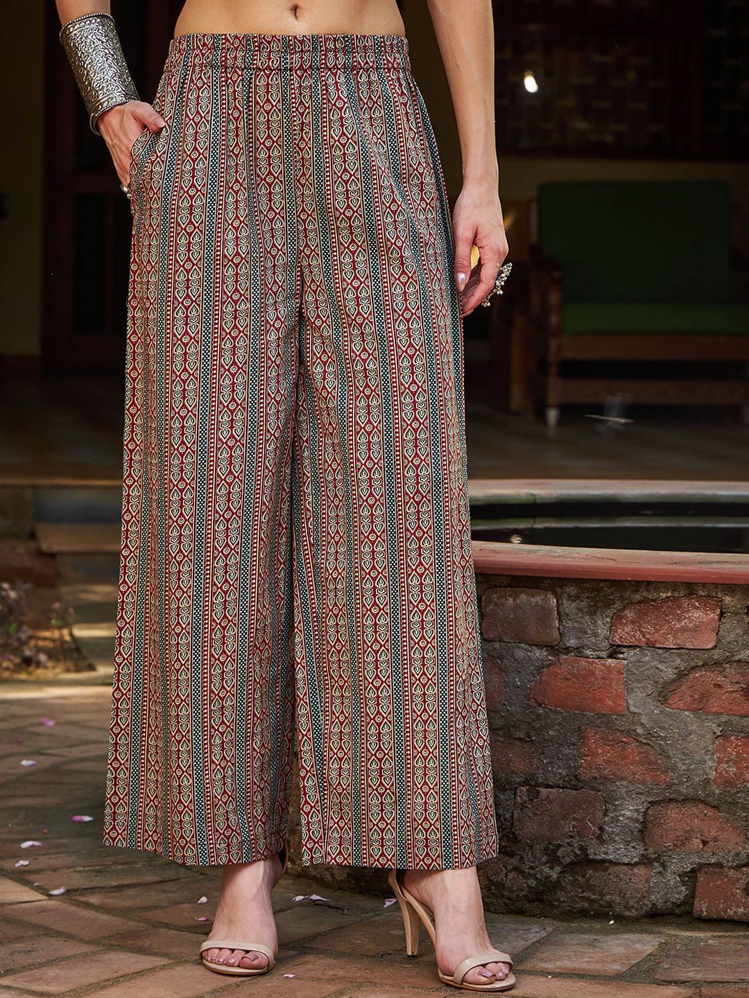 Floral Printed Pure Cotton Straight Kurta With Palazzos & Dupatta - Maroon