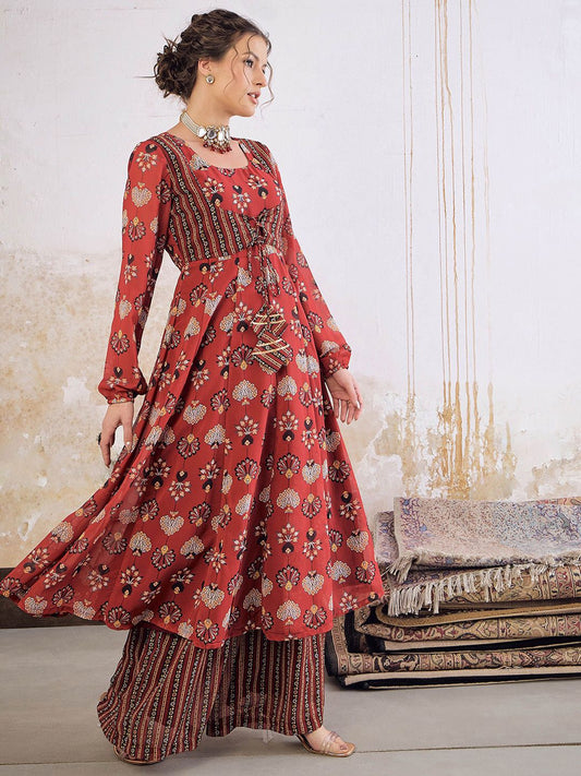 Floral Printed Round Neck Anarkali Georgette Kurta With Palazzo