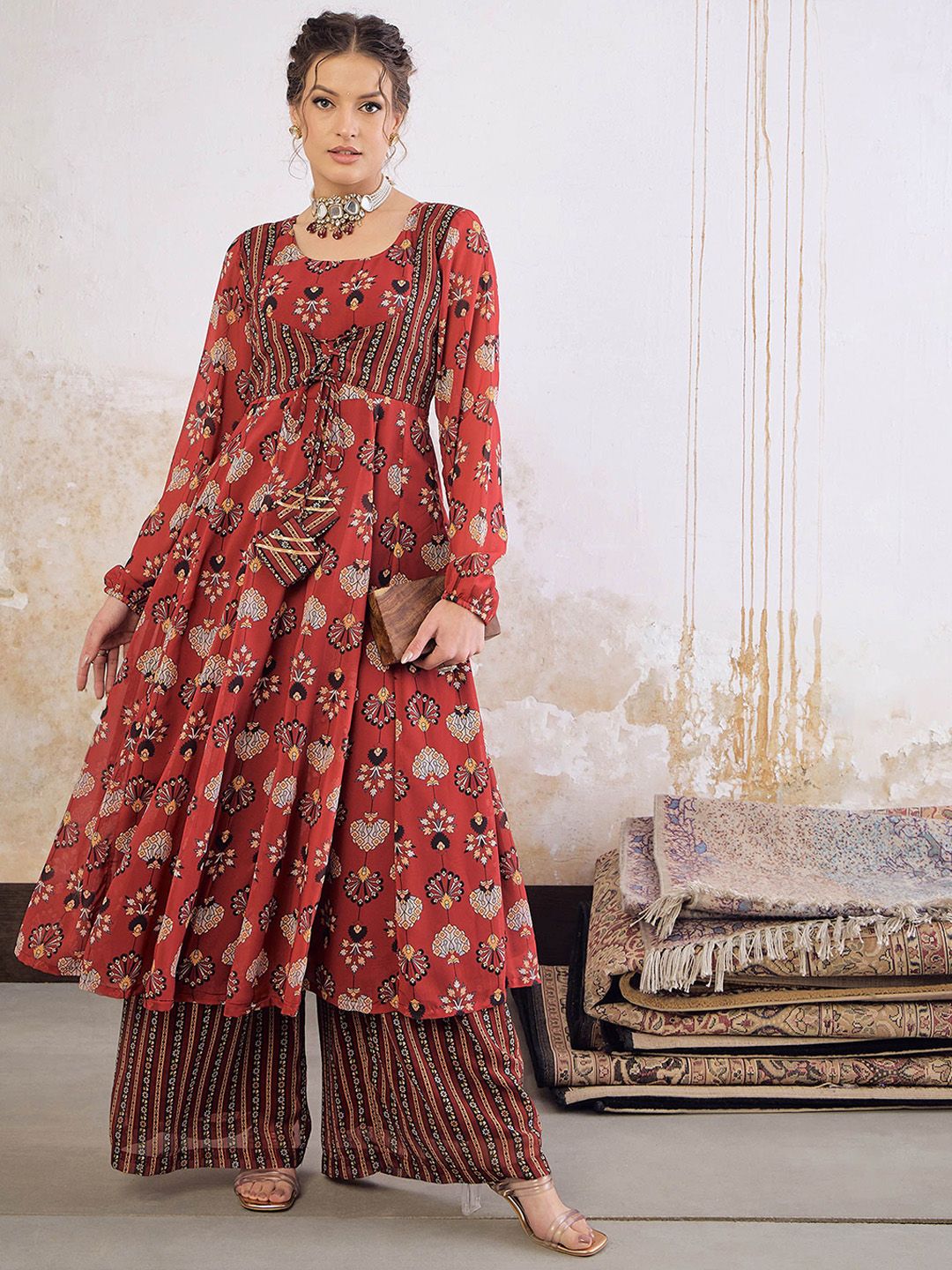 Floral Printed Round Neck Anarkali Georgette Kurta With Palazzo