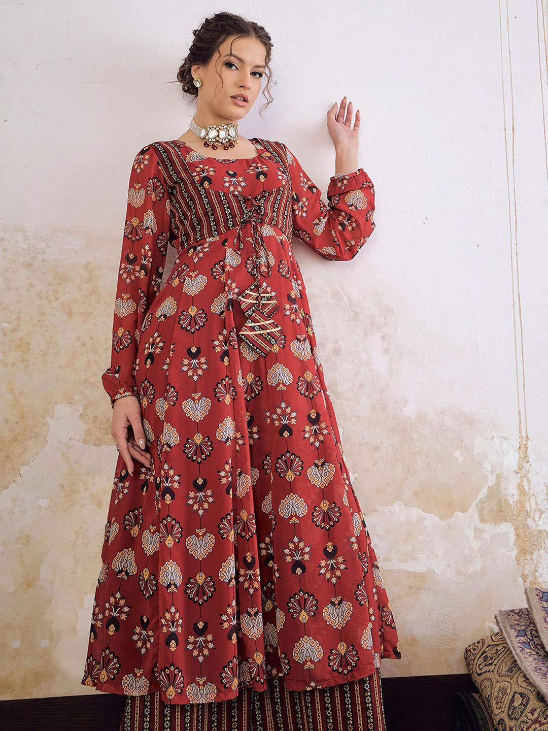Floral Printed Round Neck Anarkali Georgette Kurta With Palazzo