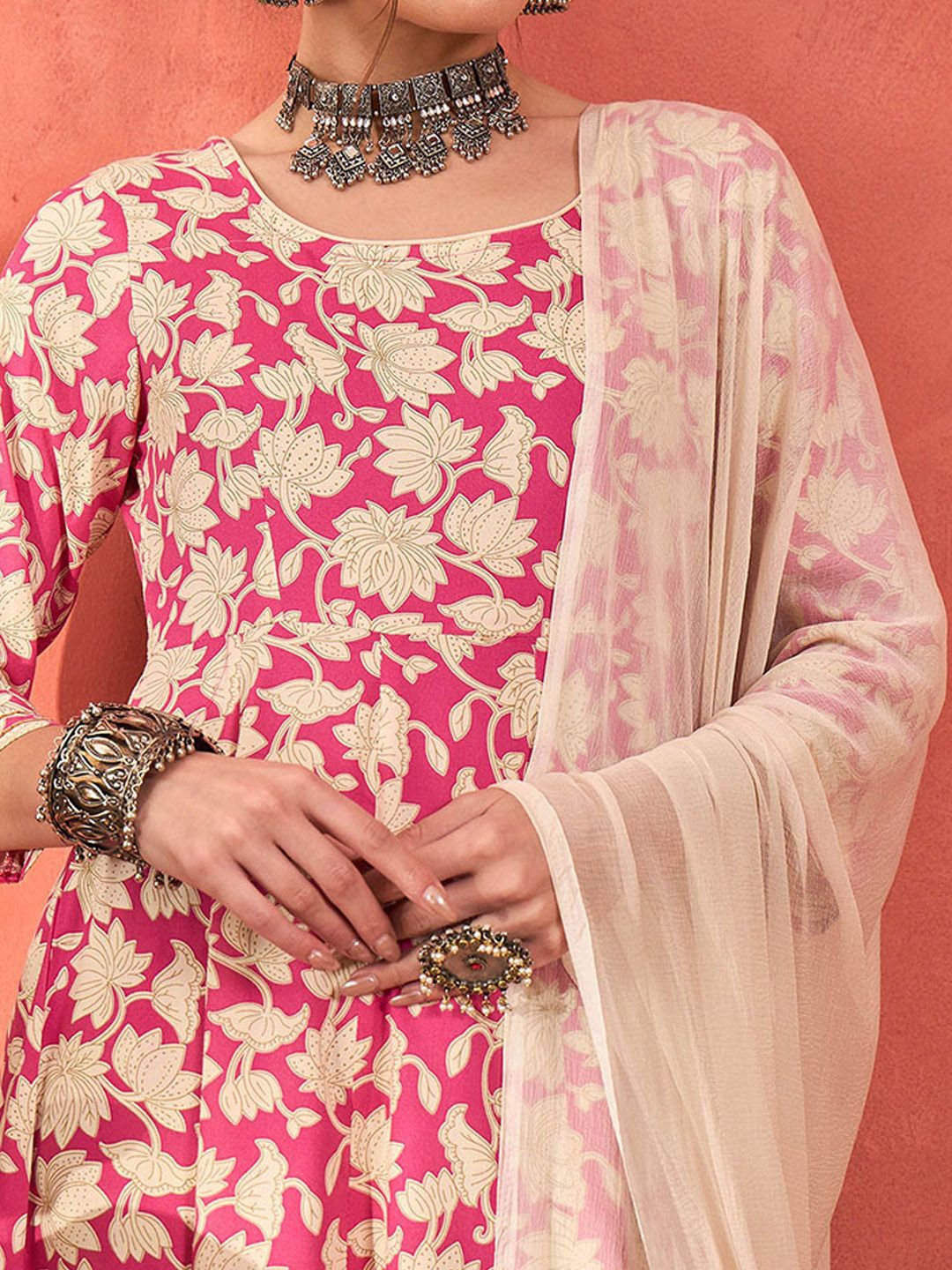 Floral Printed Round Neck Anarkali Kurta With Palazzos & Dupatta