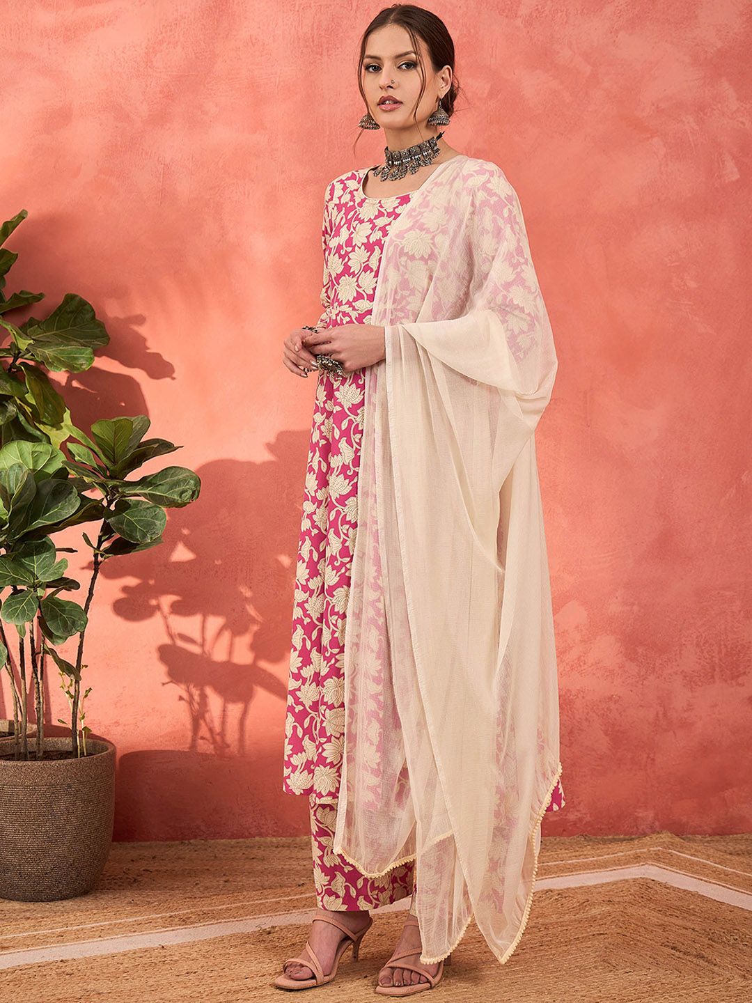 Floral Printed Round Neck Anarkali Kurta With Palazzos & Dupatta