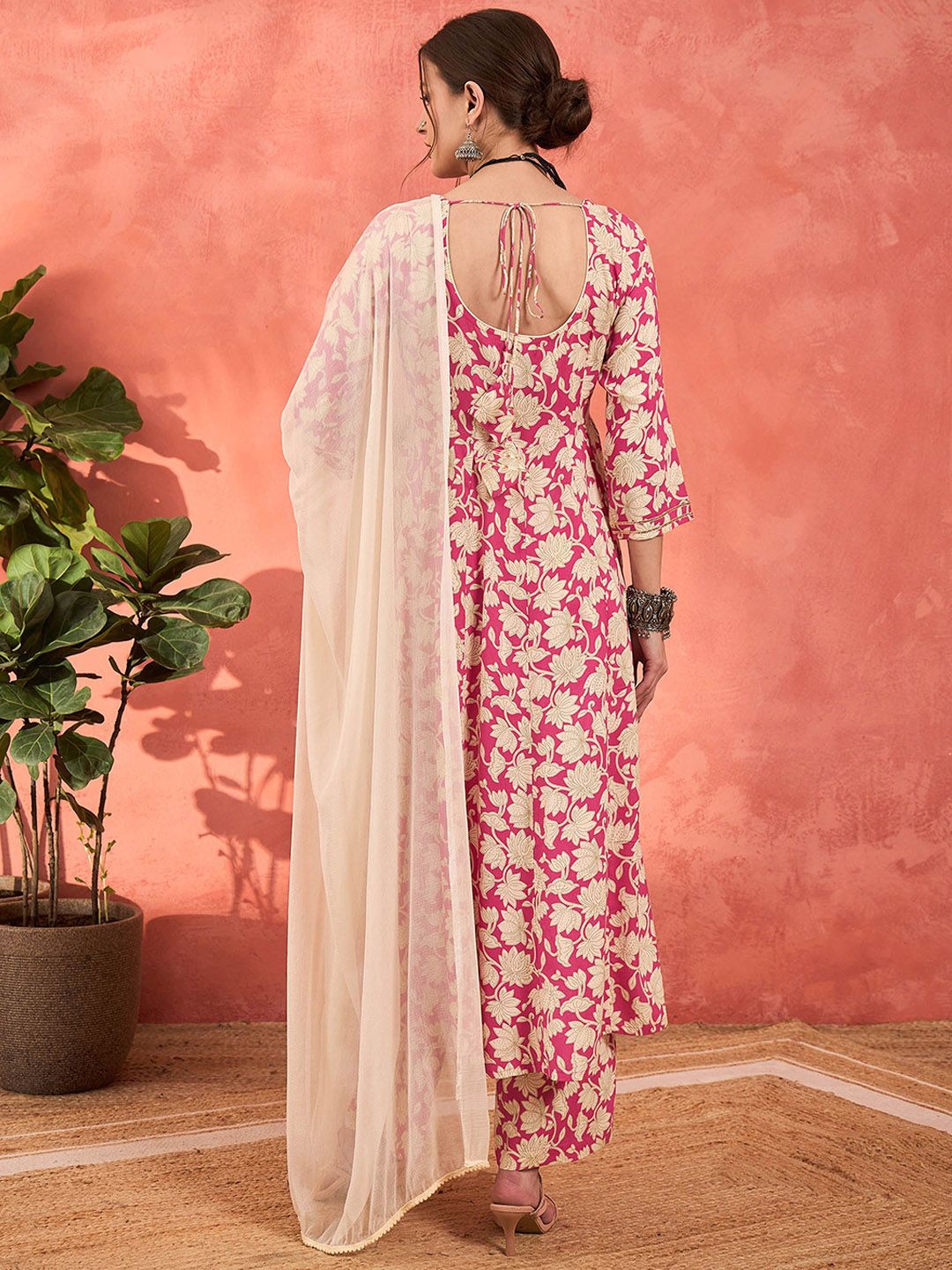 Floral Printed Round Neck Anarkali Kurta With Palazzos & Dupatta