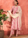 Floral Printed Round Neck Anarkali Kurta With Palazzos & Dupatta