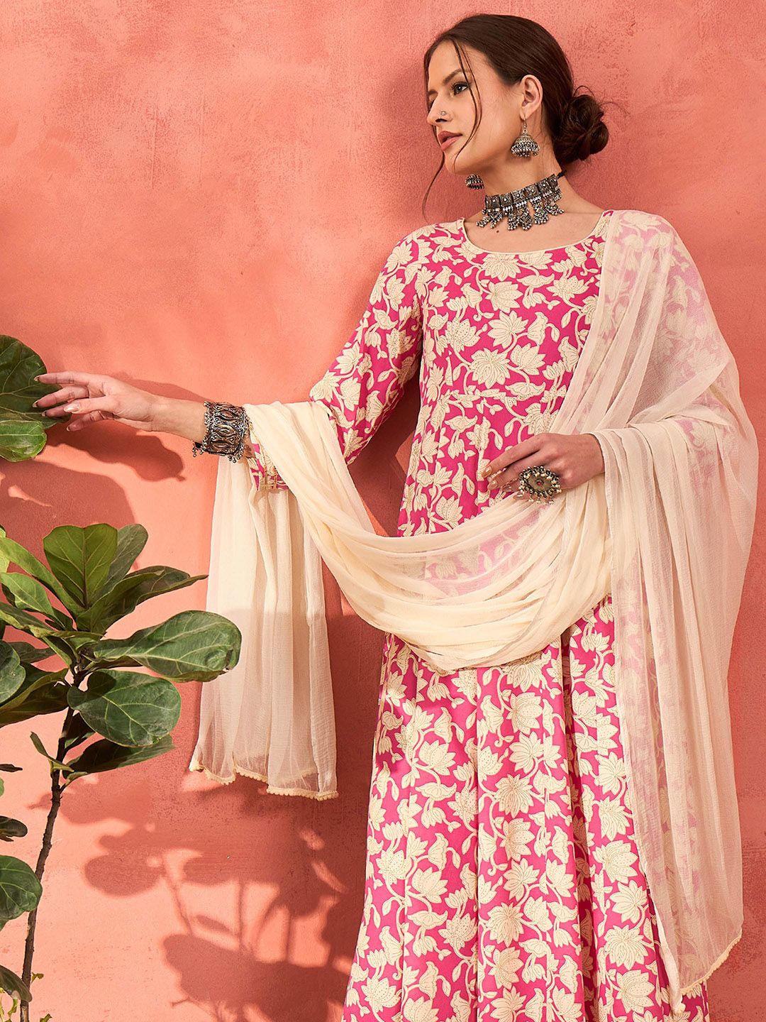 Floral Printed Round Neck Anarkali Kurta With Palazzos & Dupatta