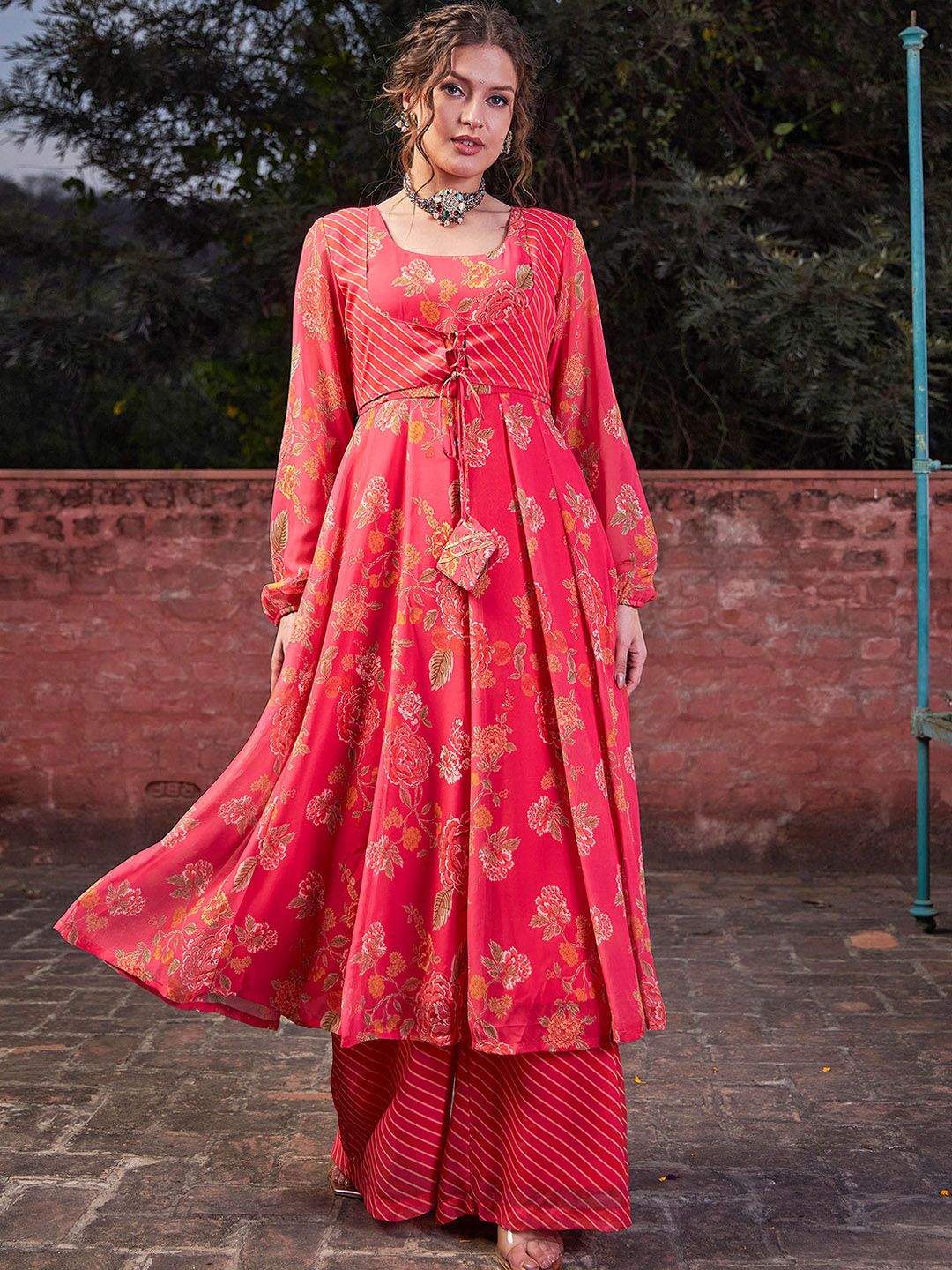 Floral Printed Round Neck Georgette Anarkali Kurta With Palazzos