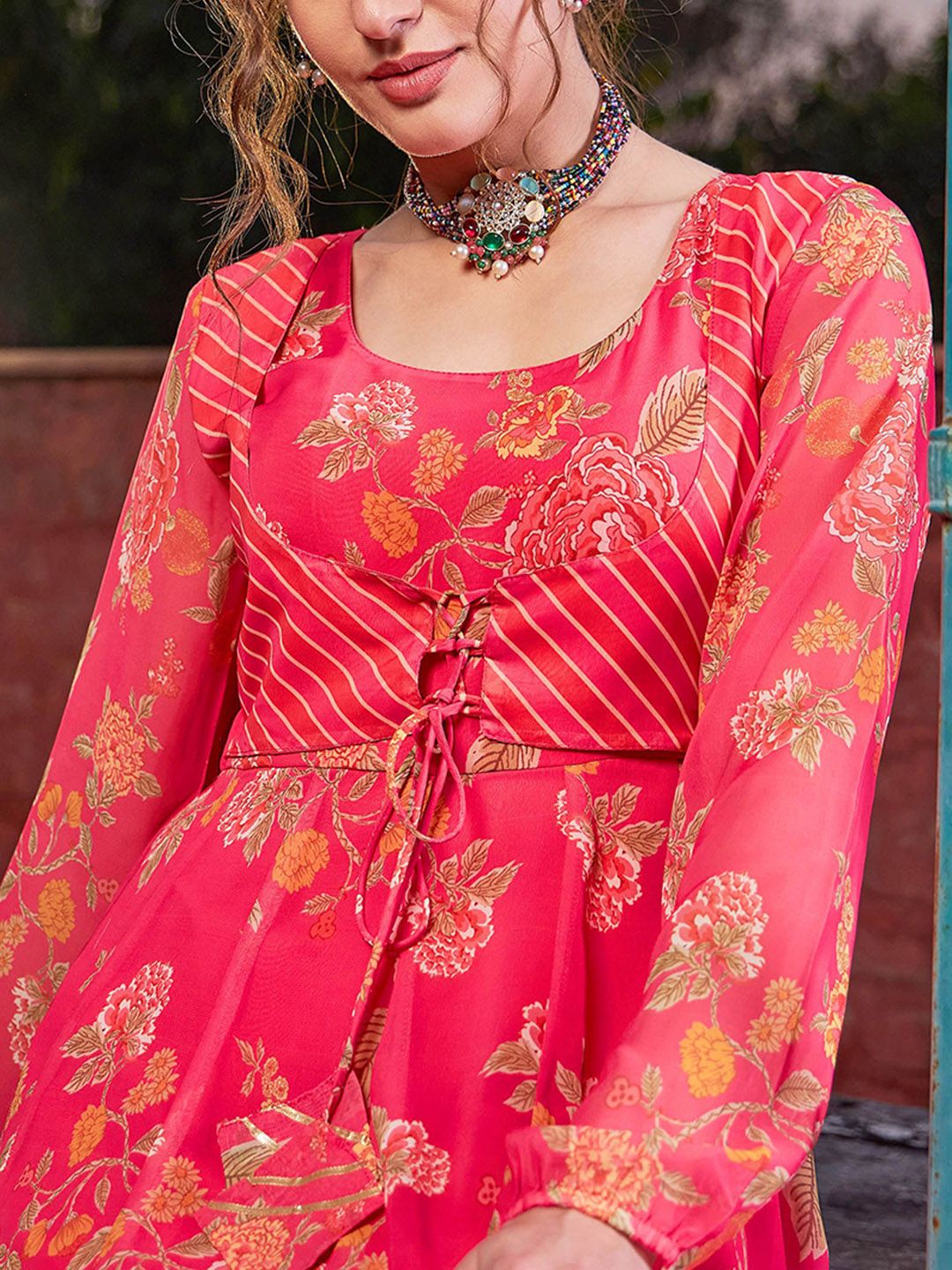 Floral Printed Round Neck Georgette Anarkali Kurta With Palazzos