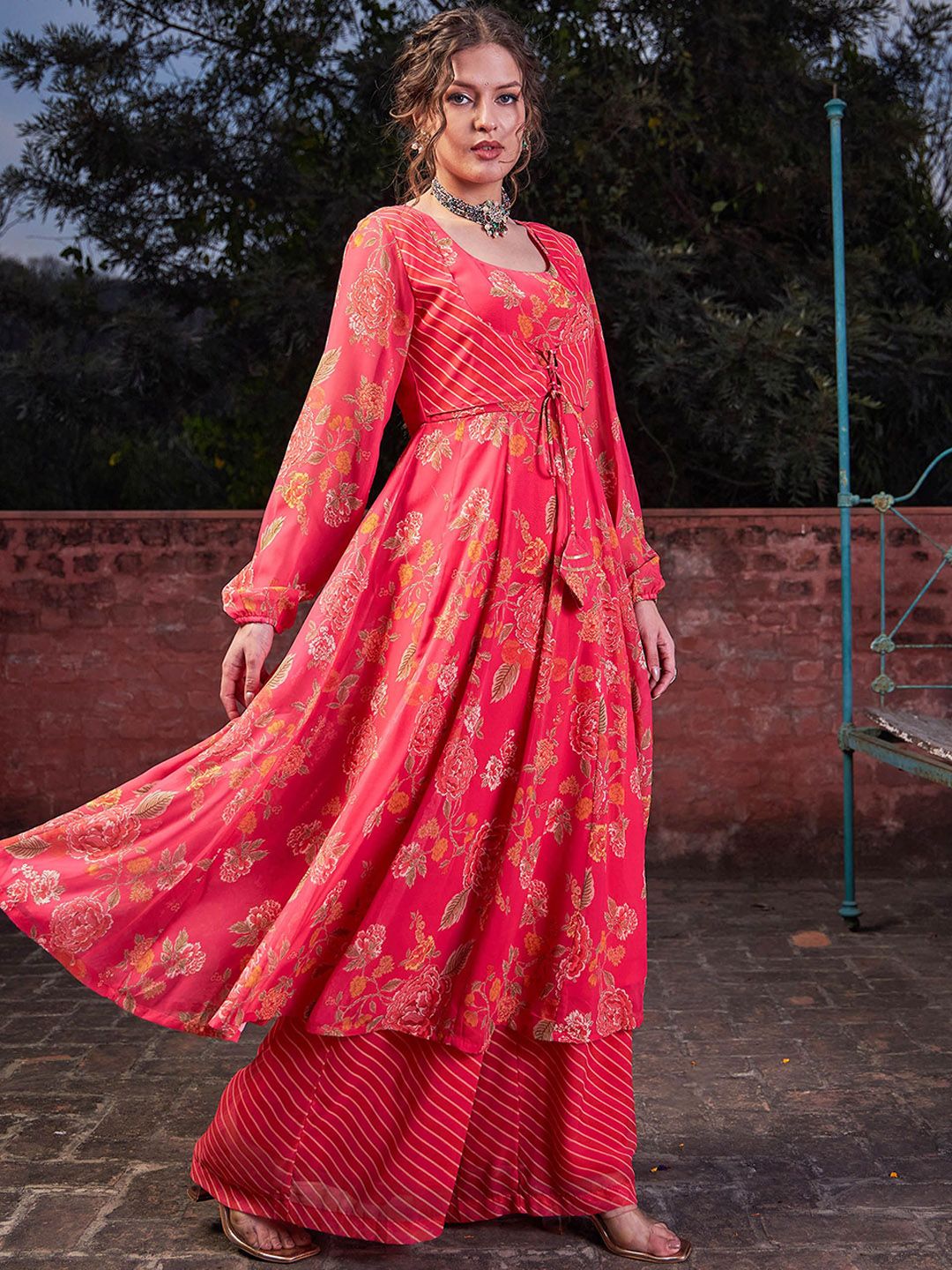 Floral Printed Round Neck Georgette Anarkali Kurta With Palazzos