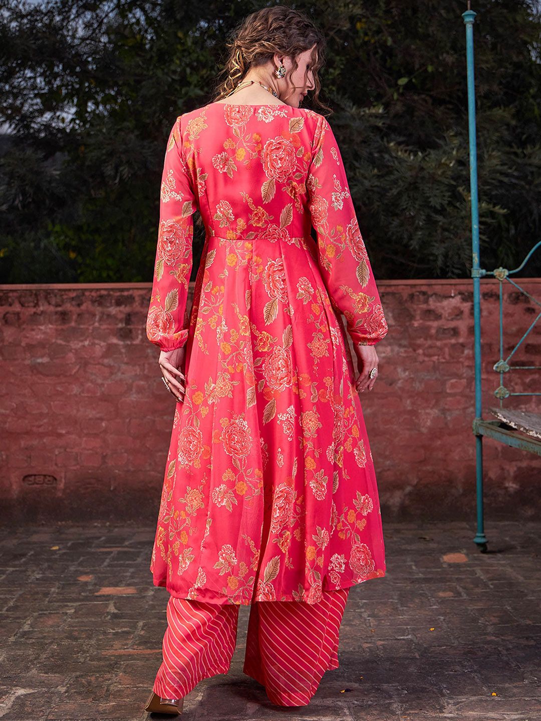 Floral Printed Round Neck Georgette Anarkali Kurta With Palazzos