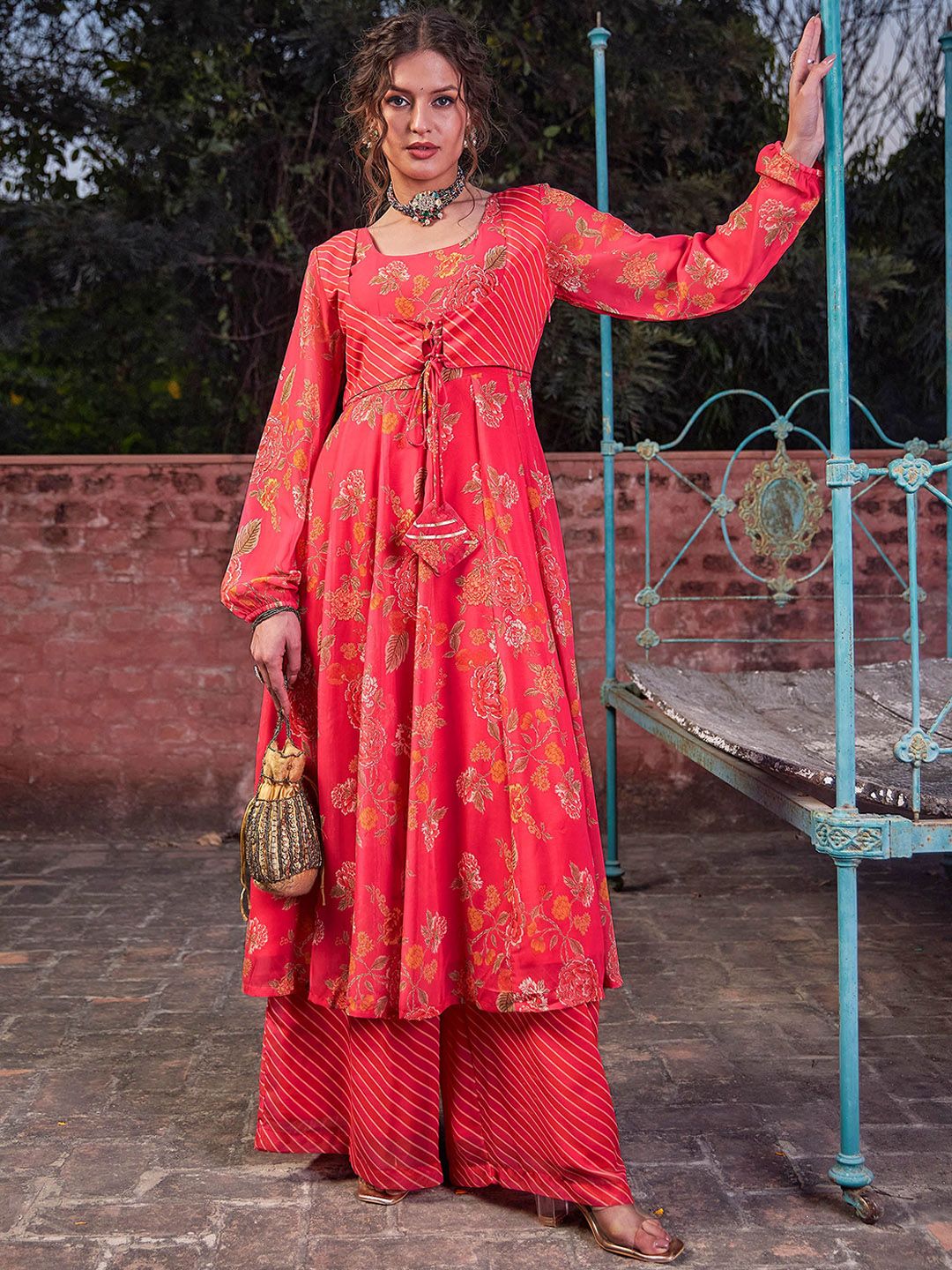 Floral Printed Round Neck Georgette Anarkali Kurta With Palazzos