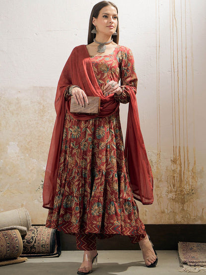 Floral Printed Round Neck Pure Cotton Kurta With Trousers & Dupatta