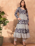 Floral Printed Round Neck Tiered A-Line Pure Cotton Kurta With Trousers
