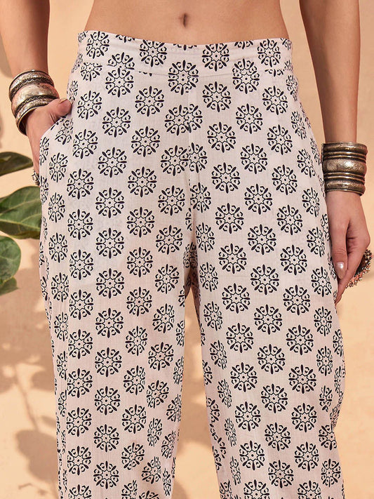 Floral Printed Round Neck Tiered A-Line Pure Cotton Kurta With Trousers