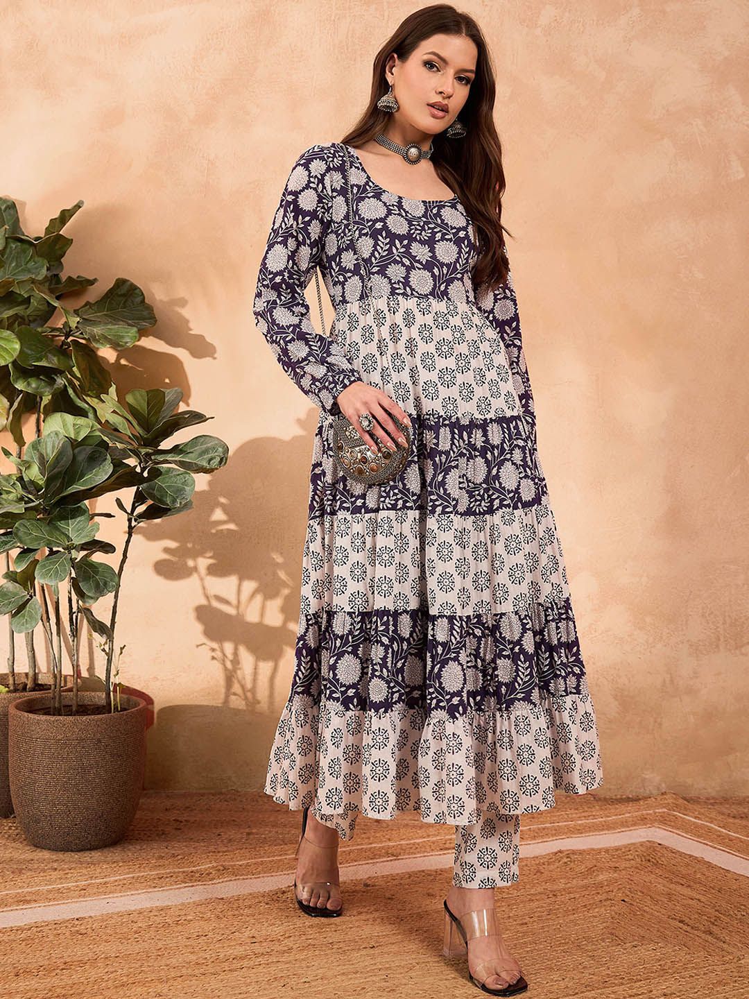 Floral Printed Round Neck Tiered A-Line Pure Cotton Kurta With Trousers