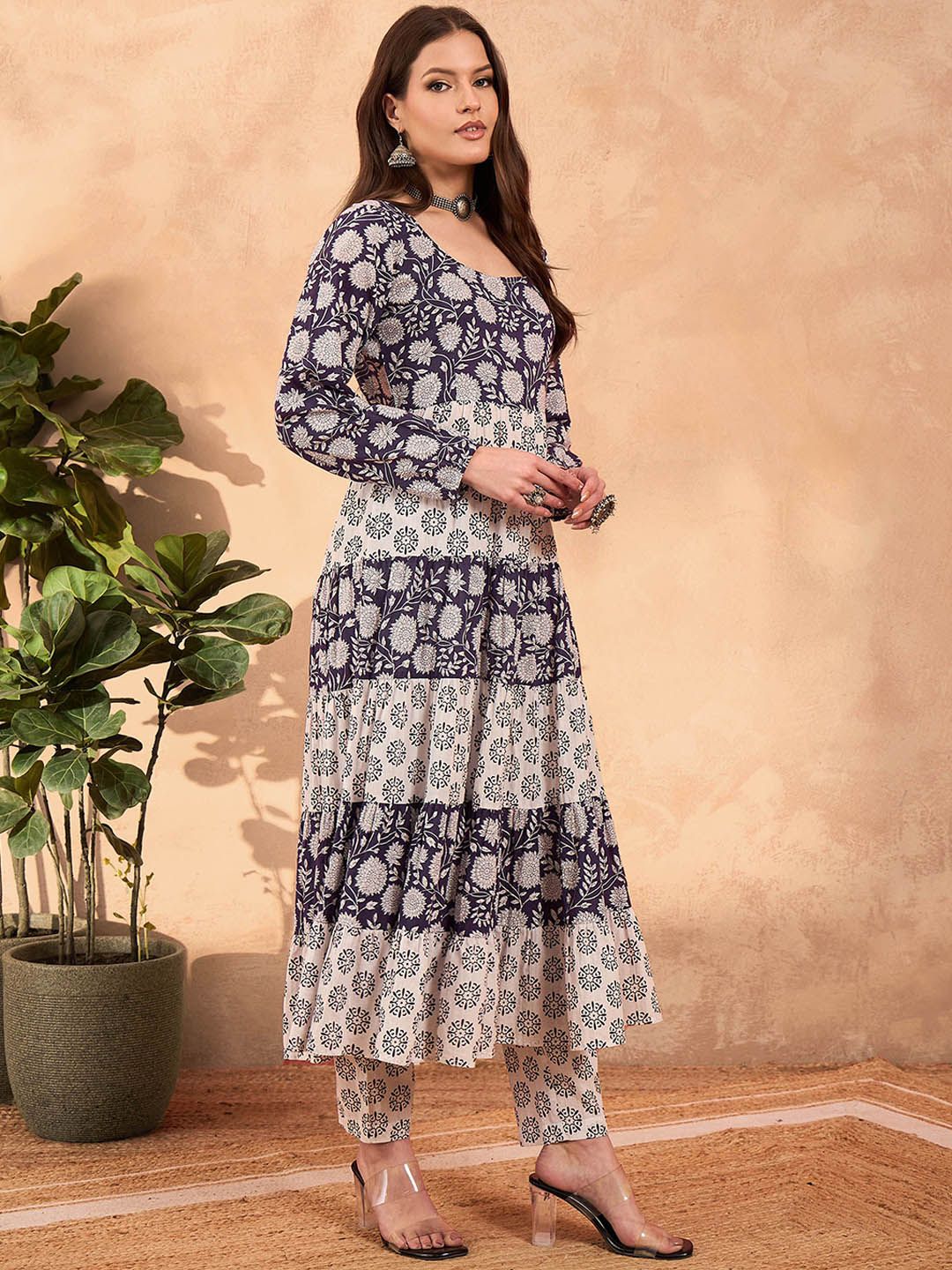 Floral Printed Round Neck Tiered A-Line Pure Cotton Kurta With Trousers