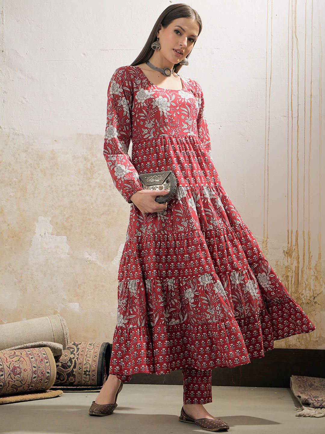 Floral Printed Round Neck Tiered Anarkali Pure Cotton Kurta With Trouser