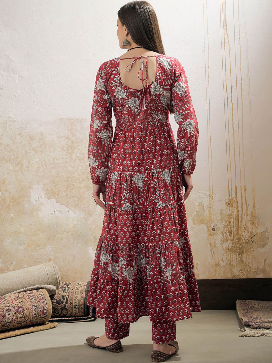Floral Printed Round Neck Tiered Anarkali Pure Cotton Kurta With Trouser