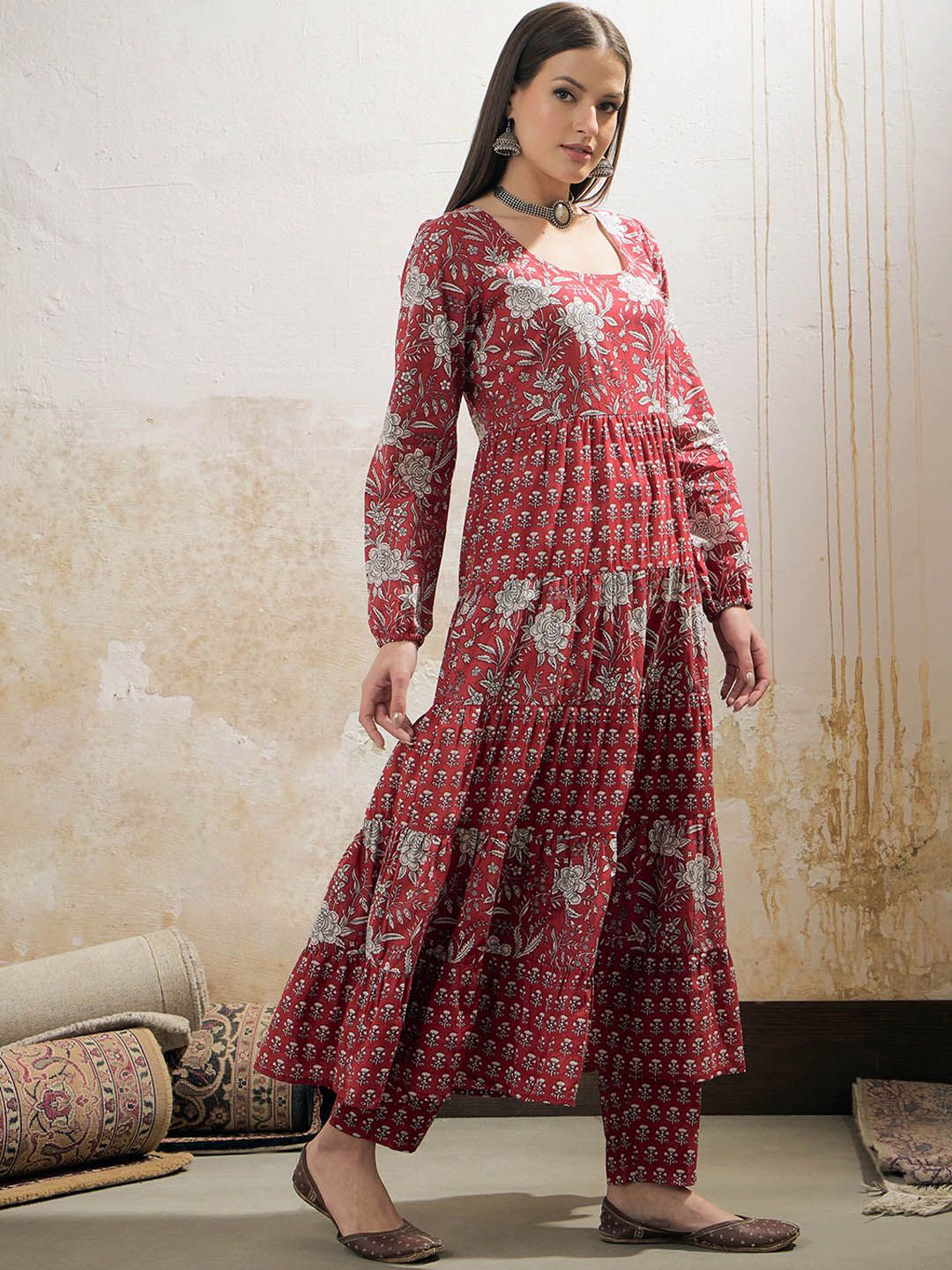 Floral Printed Round Neck Tiered Anarkali Pure Cotton Kurta With Trouser