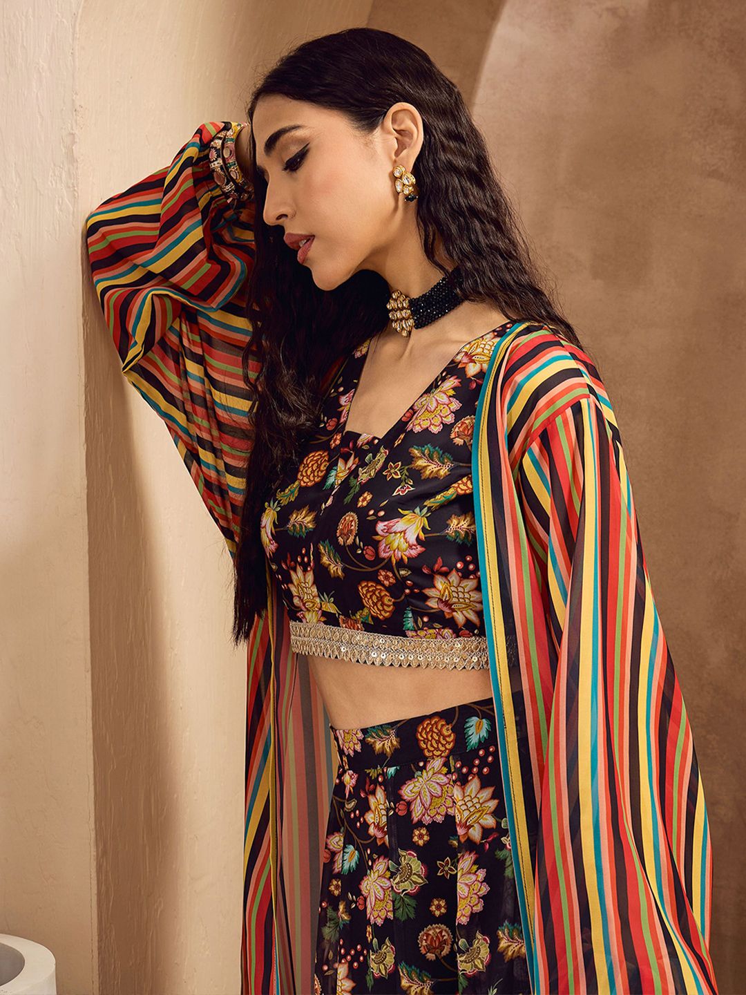 Floral Printed Sequinned V-Neck Ready to Wear Lehenga Choli