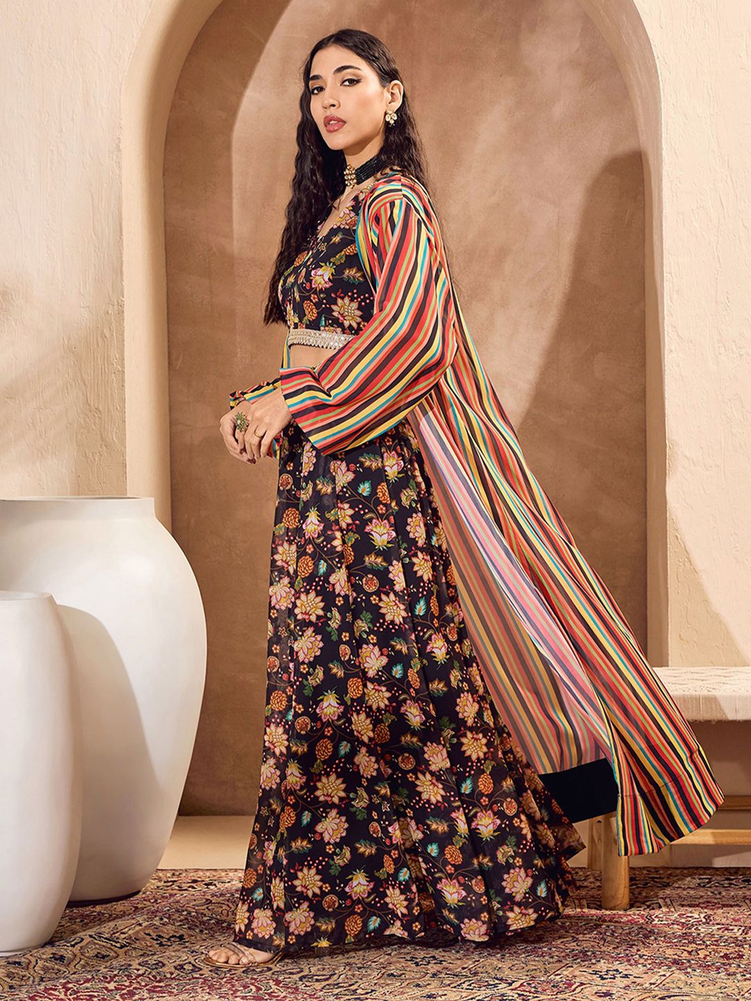 Floral Printed Sequinned V-Neck Ready to Wear Lehenga Choli