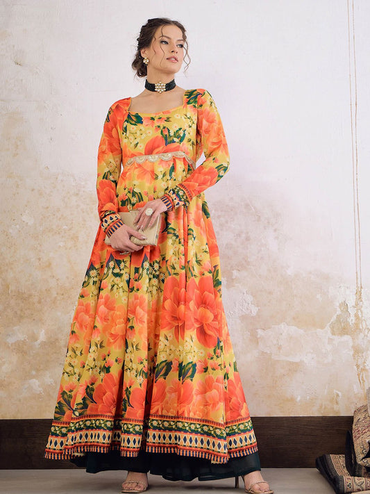 Floral Printed Square Neck Empire Sequinned Anarkali Kurta