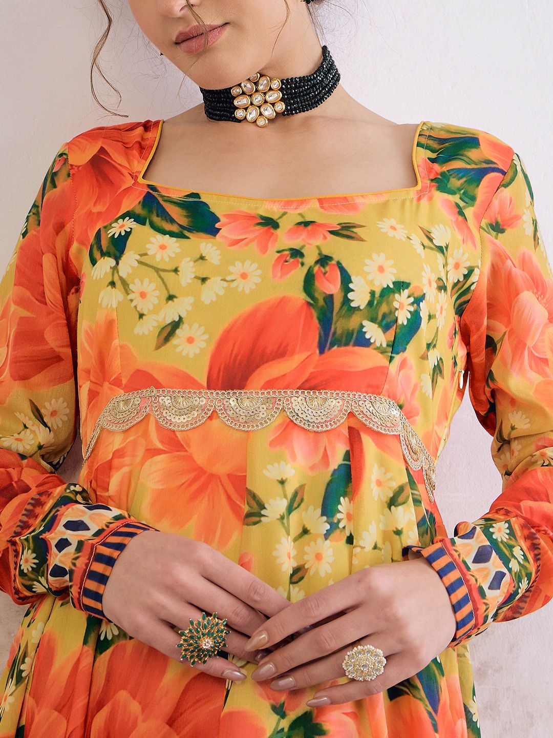 Floral Printed Square Neck Empire Sequinned Anarkali Kurta