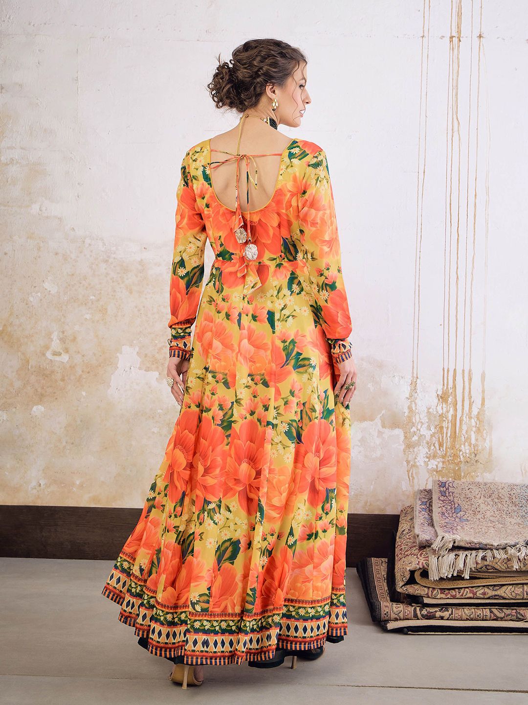 Floral Printed Square Neck Empire Sequinned Anarkali Kurta