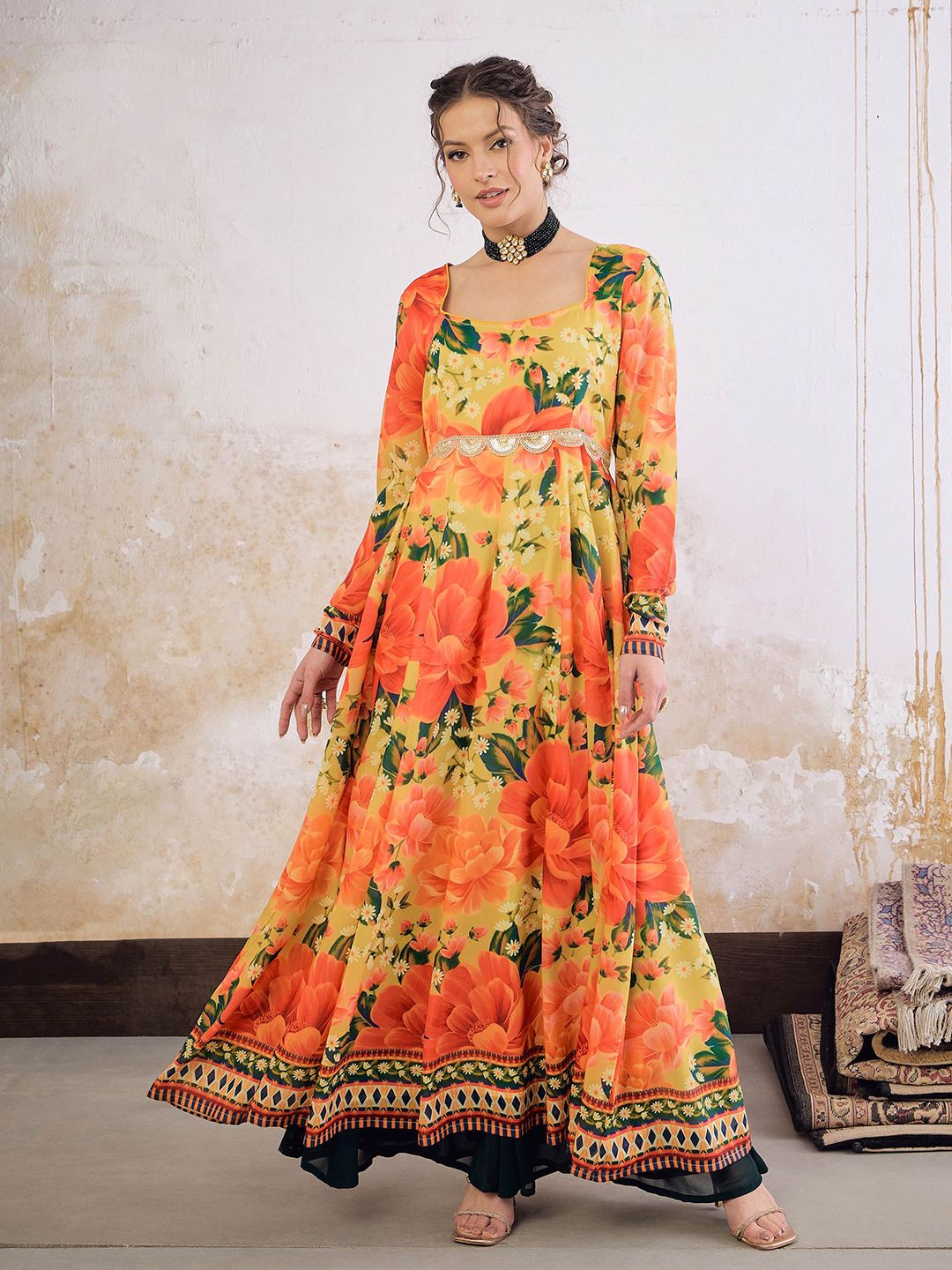 Floral Printed Square Neck Empire Sequinned Anarkali Kurta